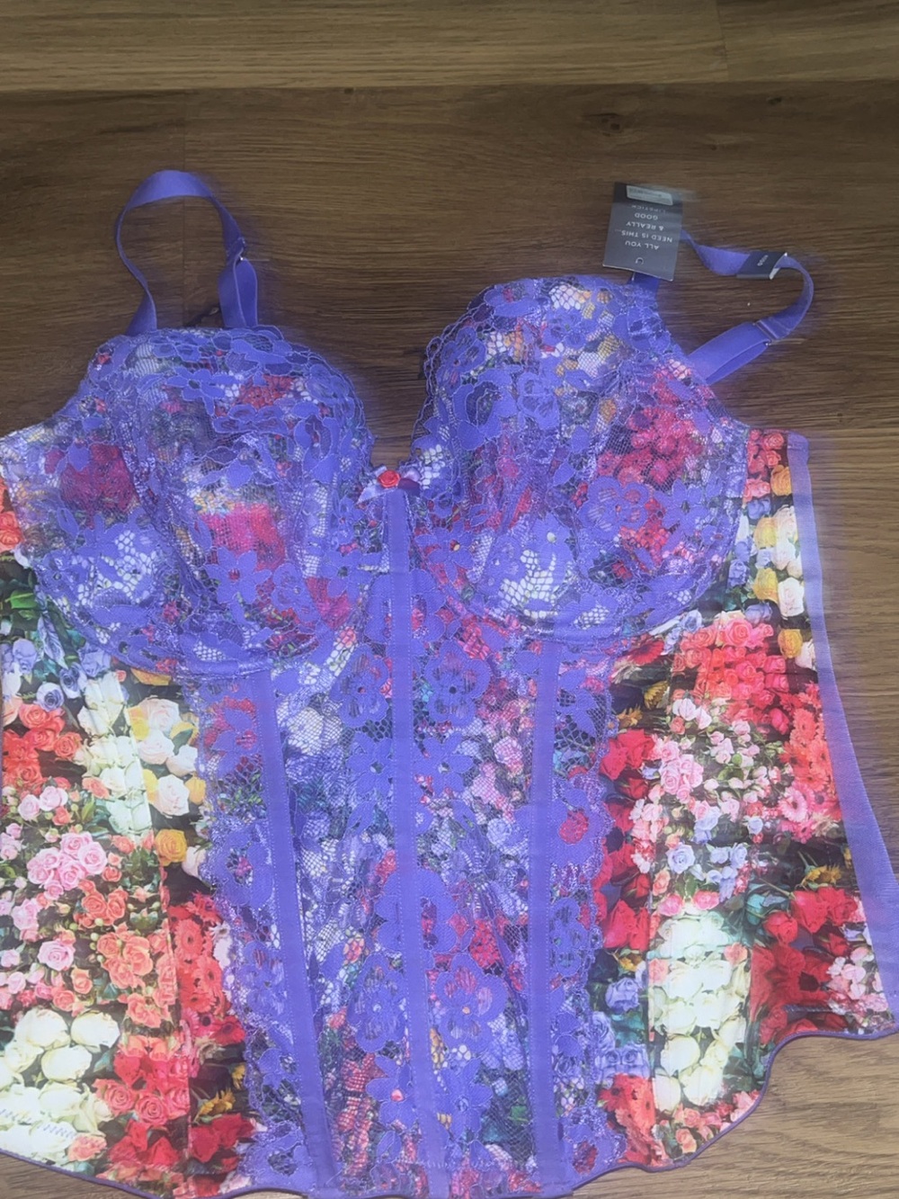 Cacique Purple Floral Lace Bustier with Multicolor Floral Panels